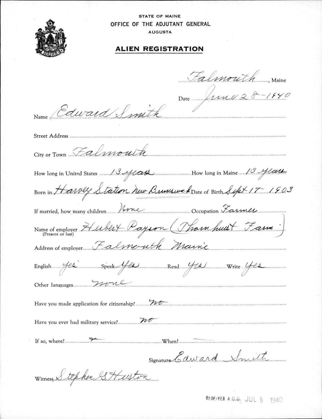 Miniature of Alien Registration- Smith, Edward (Baldwin, Cumberland County)