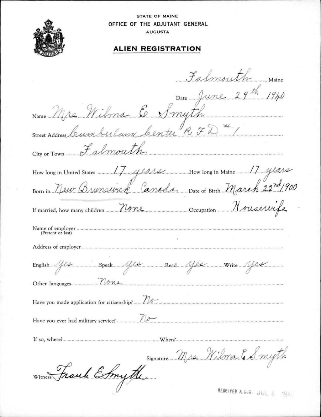Miniature of Alien Registration- Smyth, Wilma E. (Baldwin, Cumberland County)