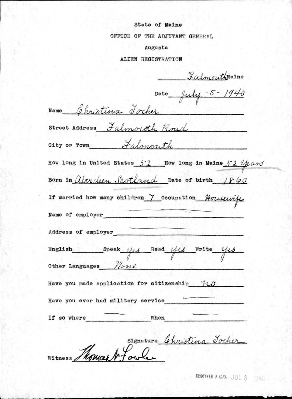 Miniature of Alien Registration- Tocher, Christina (Baldwin, Cumberland County)