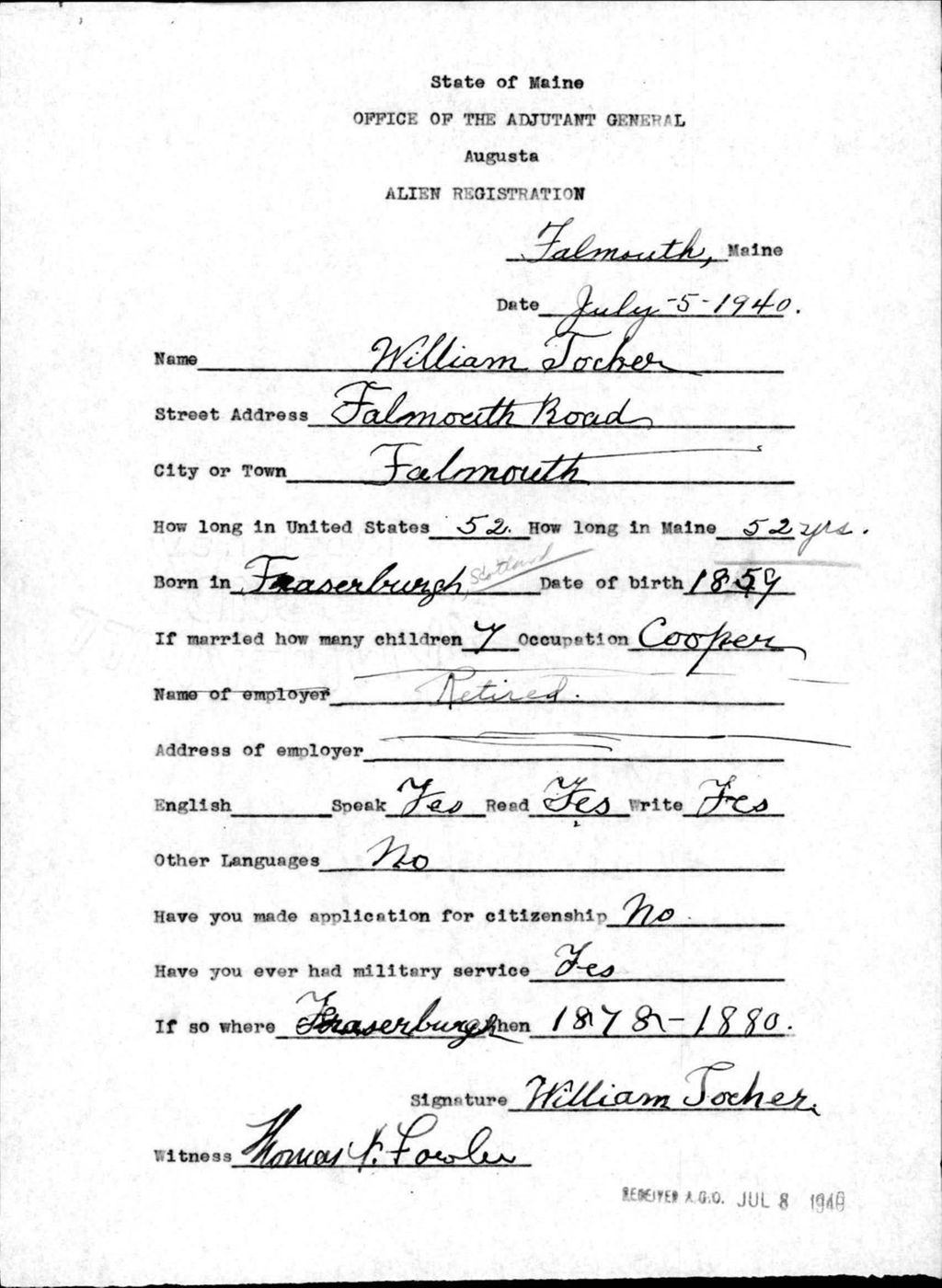 Miniature of Alien Registration- Tocher, William (Baldwin, Cumberland County)