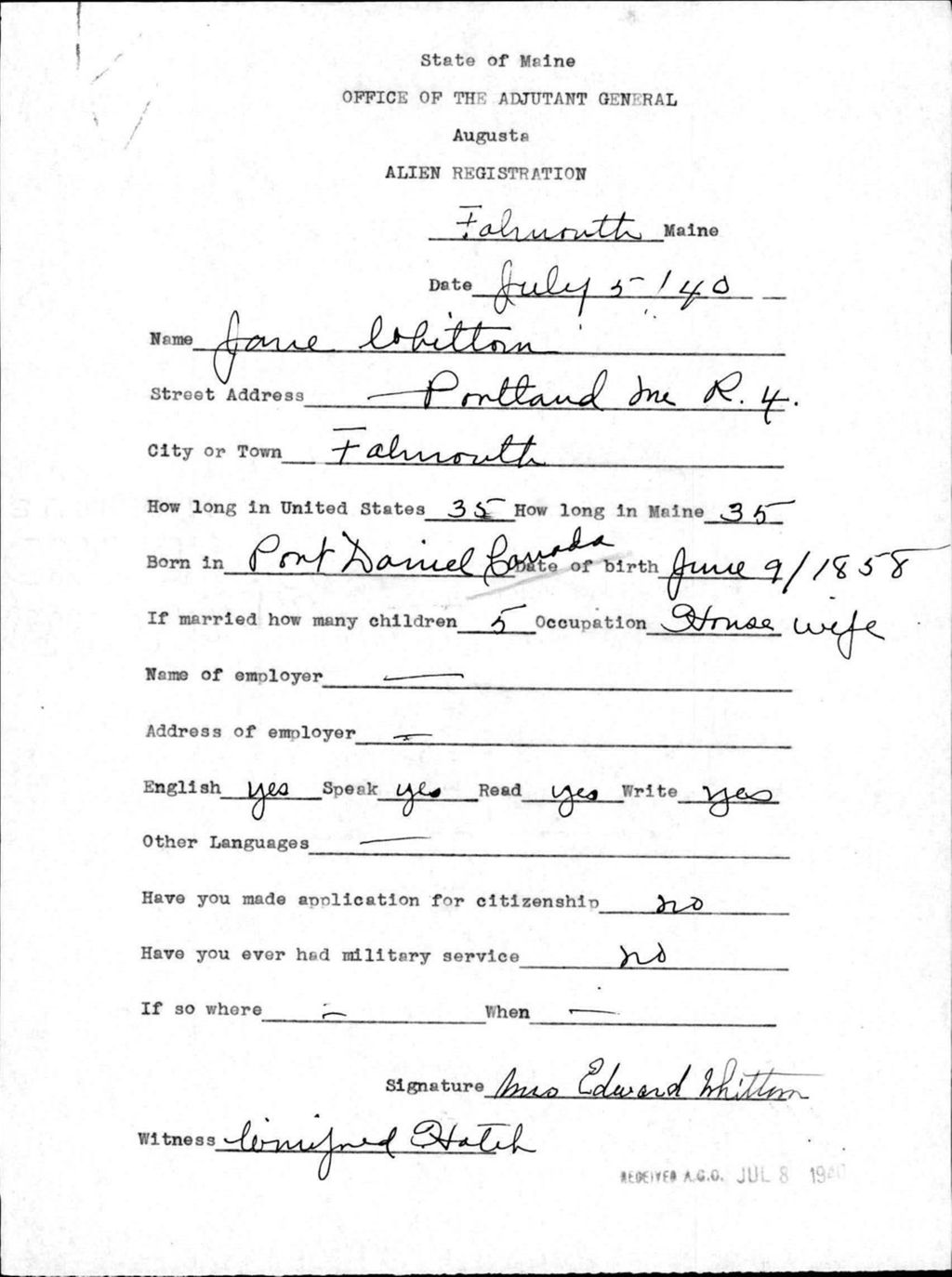 Miniature of Alien Registration- Whitten, Jane (Baldwin, Cumberland County)