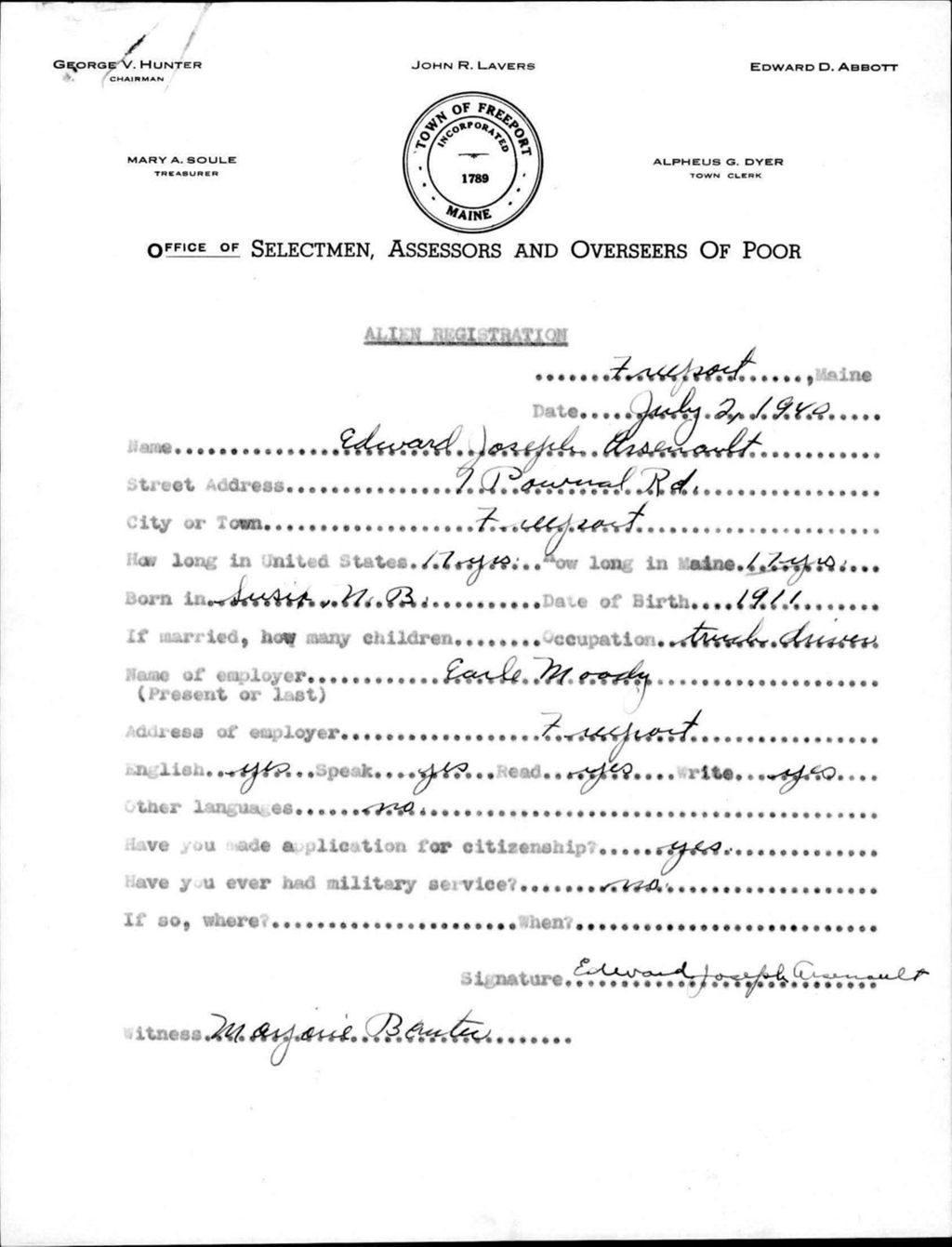Miniature of Alien Registration- Arsenault, Edward J. (Freeport, Cumberland County)