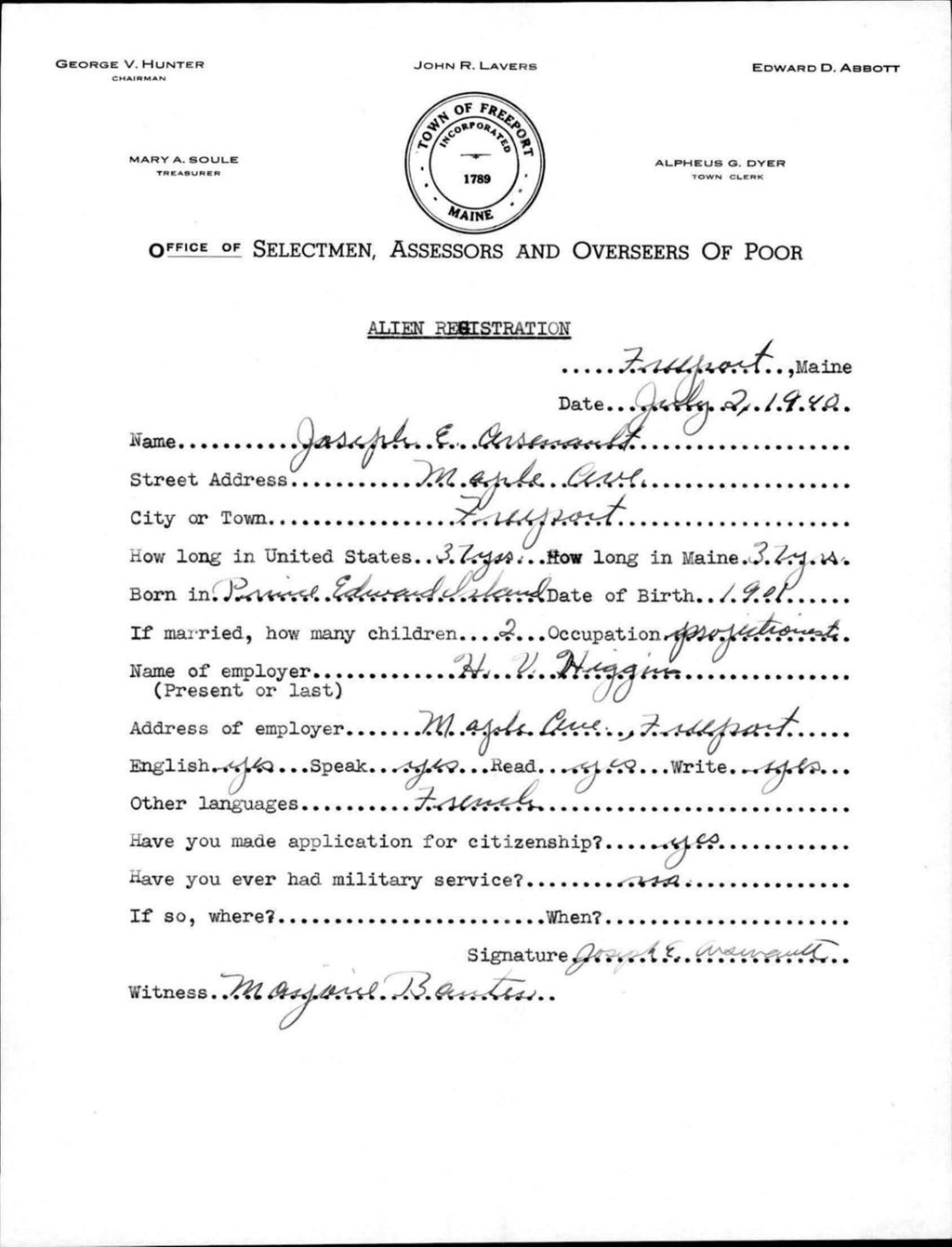 Miniature of Alien Registration- Arsenault, Joseph E. (Baldwin, Cumberland County)