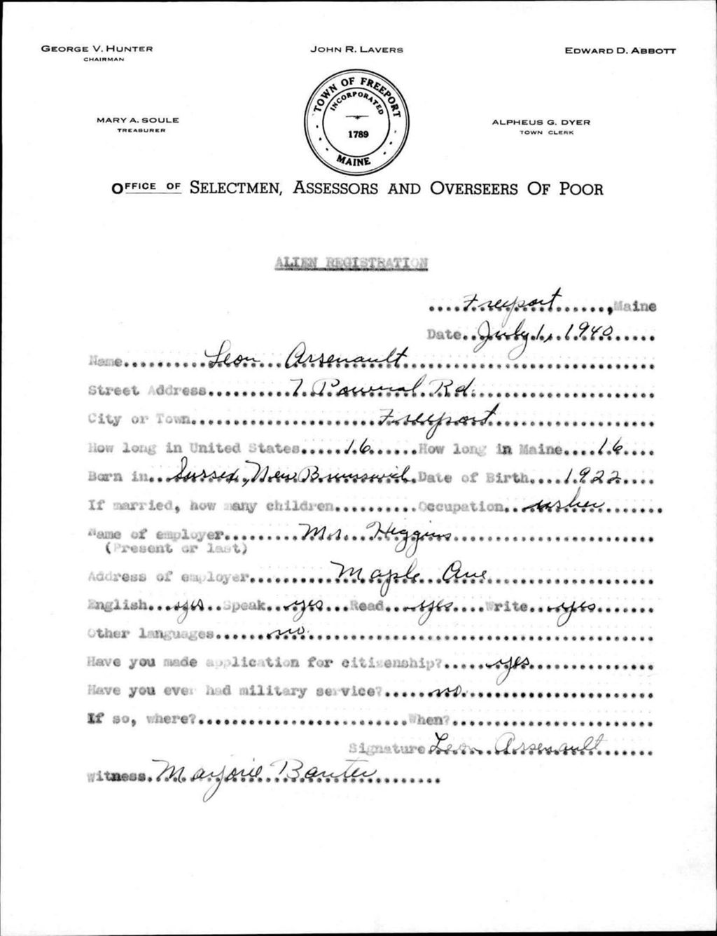 Miniature of Alien Registration- Arsenault, Leon (Baldwin, Cumberland County)