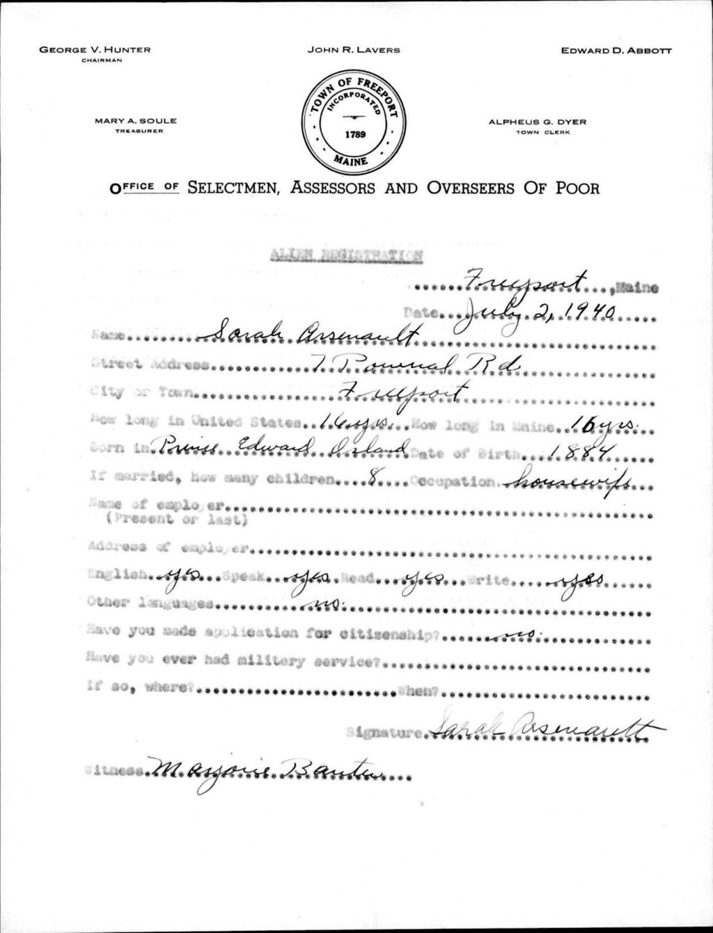 Miniature of Alien Registration- Arsenault, Sarah (Baldwin, Cumberland County)