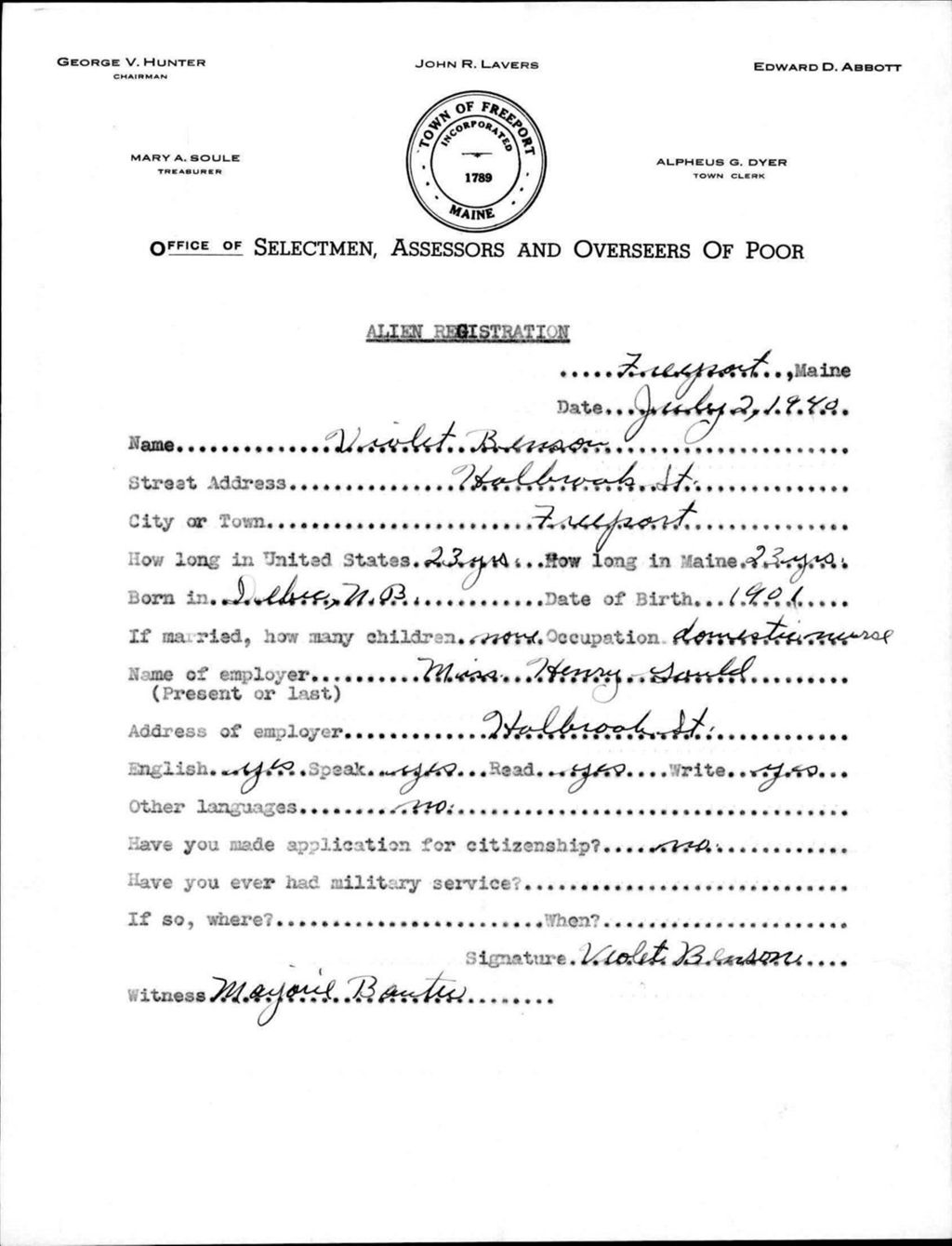 Miniature of Alien Registration- Benson, Violet (Baldwin, Cumberland County)