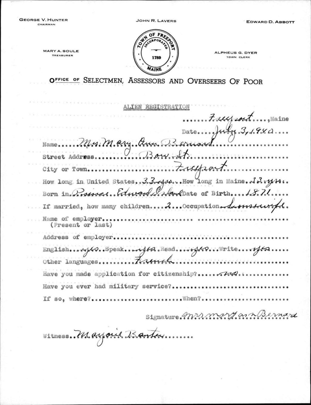 Miniature of Alien Registration- Bernard, Mary Ann (Baldwin, Cumberland County)