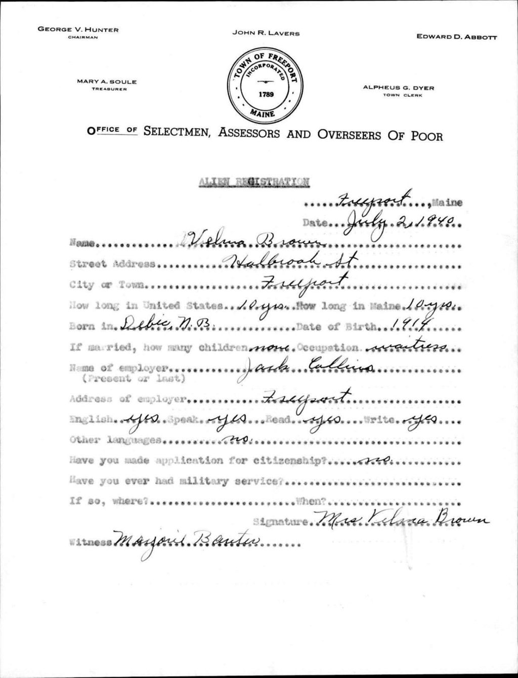 Miniature of Alien Registration- Brown, Velma (Baldwin, Cumberland County)