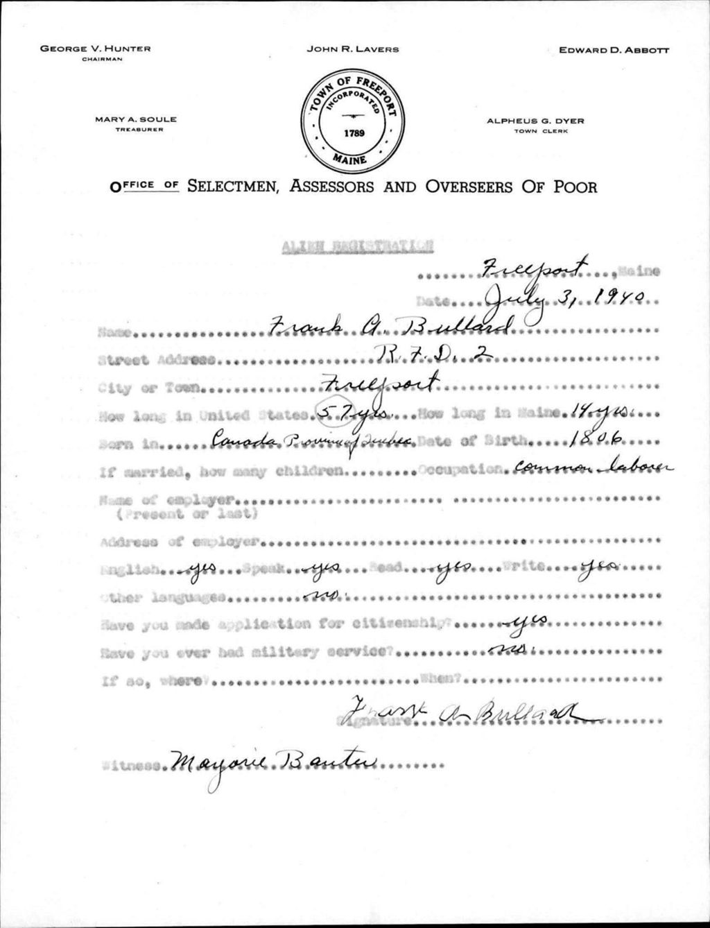 Miniature of Alien Registration- Bullard, Frank A. (Baldwin, Cumberland County)