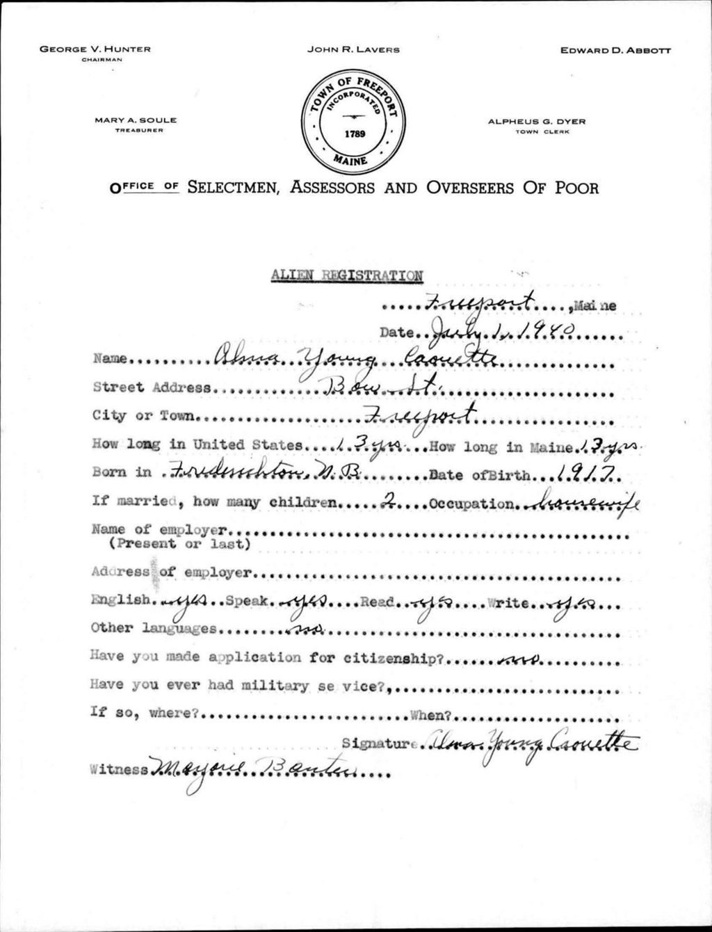 Miniature of Alien Registration- Young, Alma (Baldwin, Cumberland County)