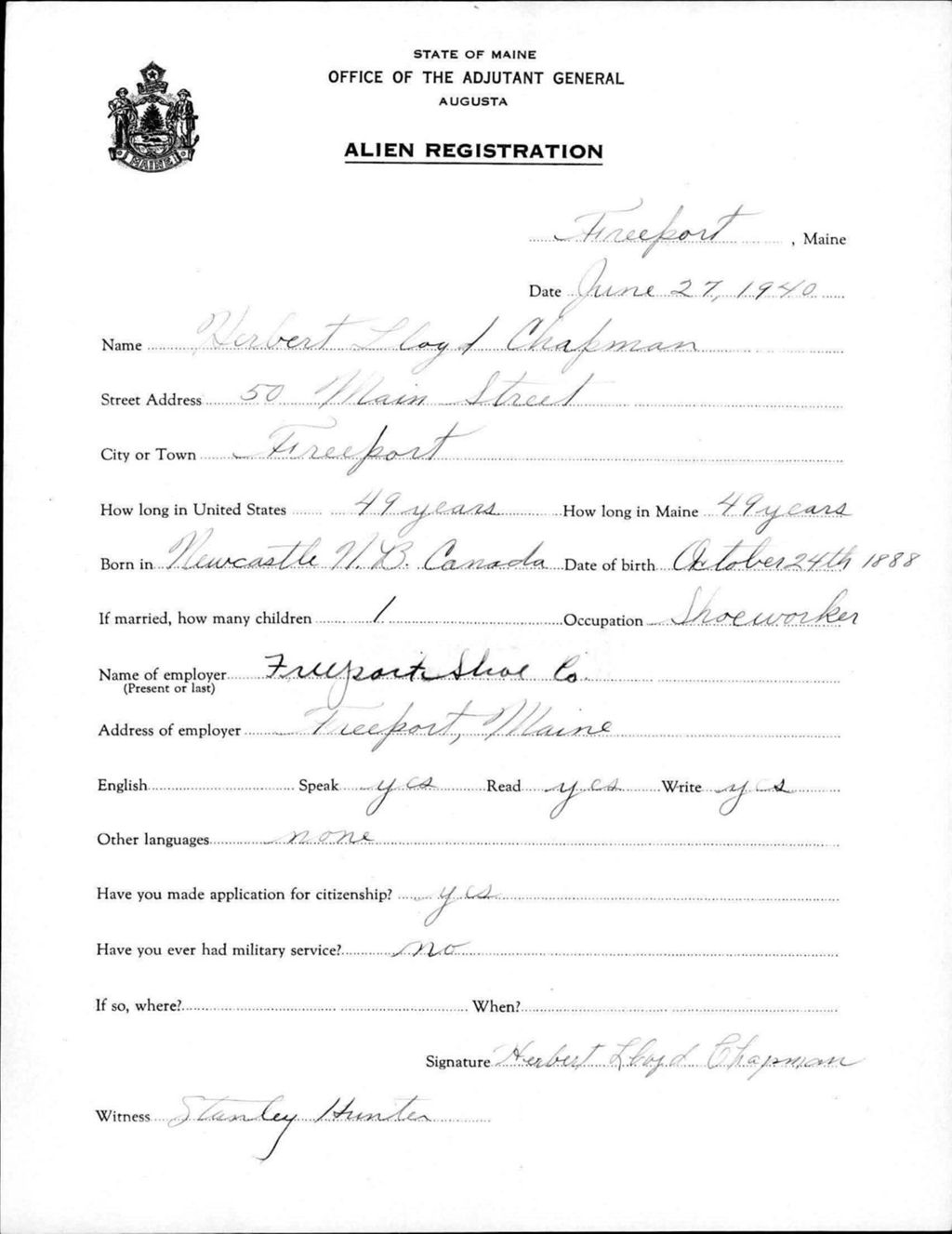 Miniature of Alien Registration- Chapman, Herbert L. (Baldwin, Cumberland County)
