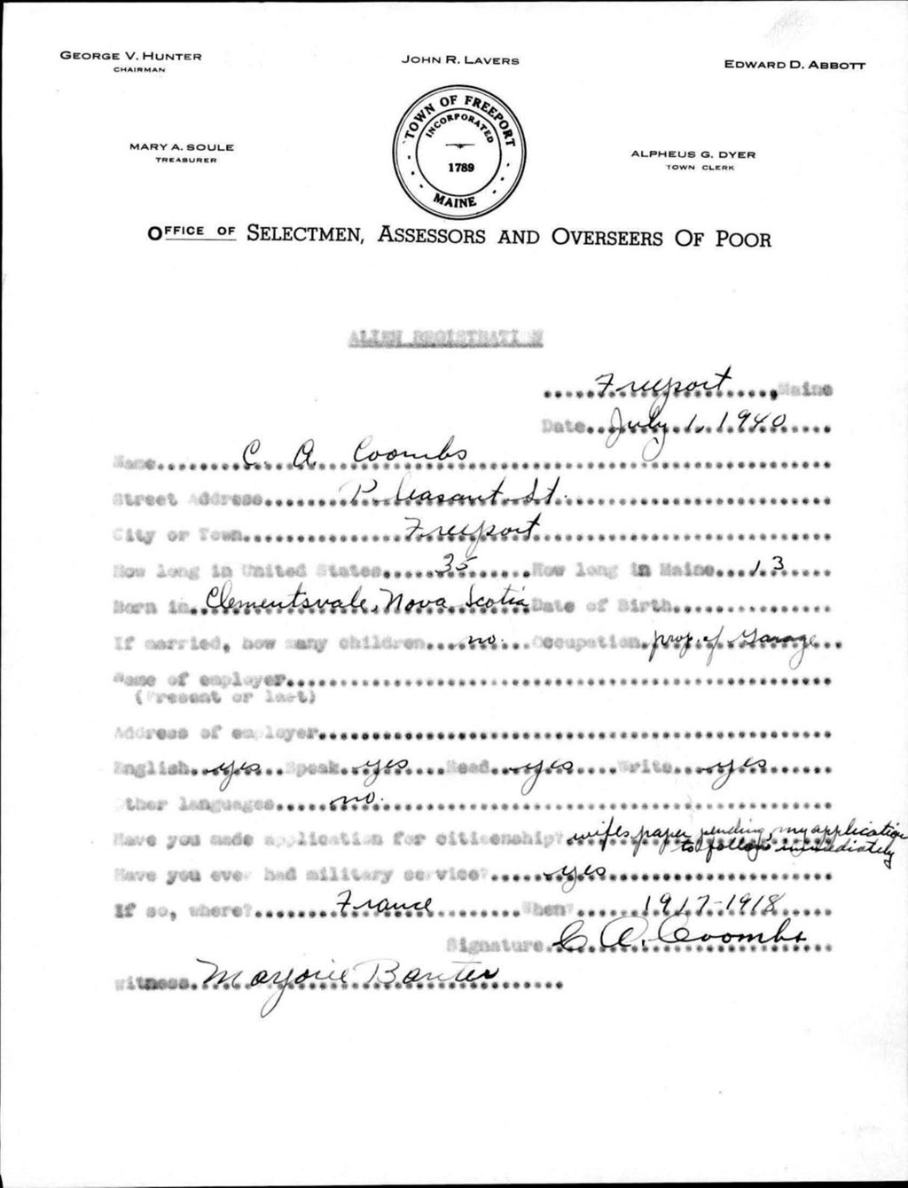 Miniature of Alien Registration- Coombs, C A. (Baldwin, Cumberland County)