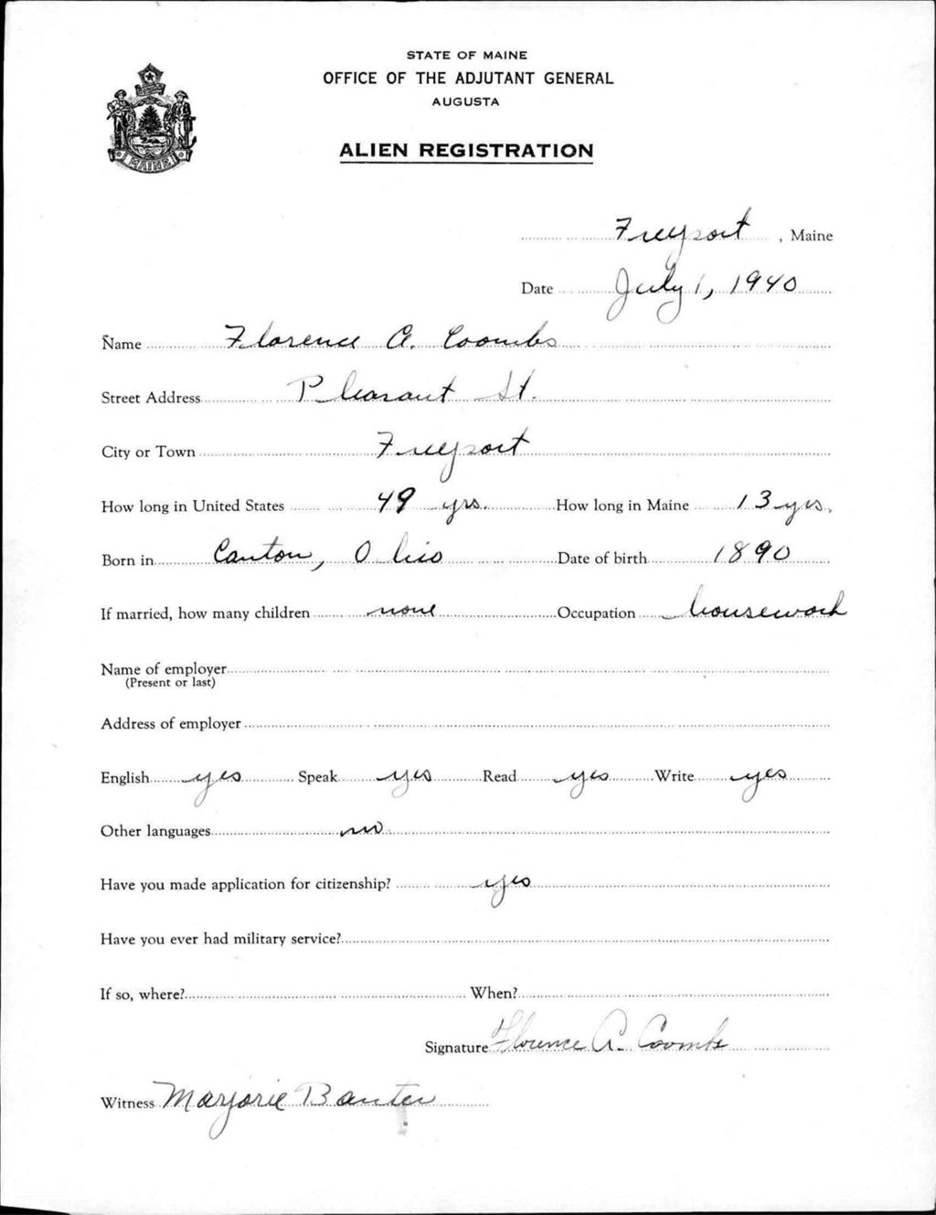 Miniature of Alien Registration- Coombs, Florence A. (Baldwin, Cumberland County)