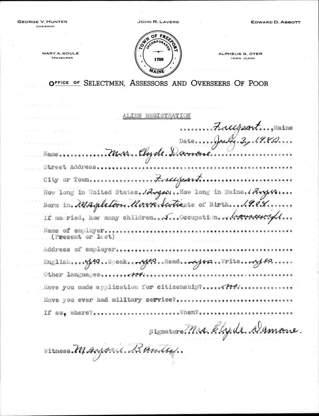 Miniature of Alien Registration- Damone, Clyde (Baldwin, Cumberland County)