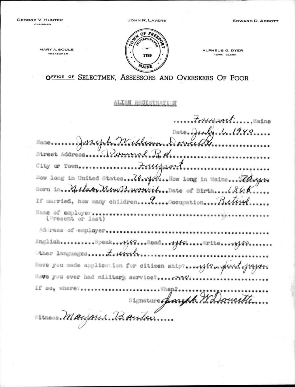 Miniature of Alien Registration- Doucette, Joseph W. (Baldwin, Cumberland County)