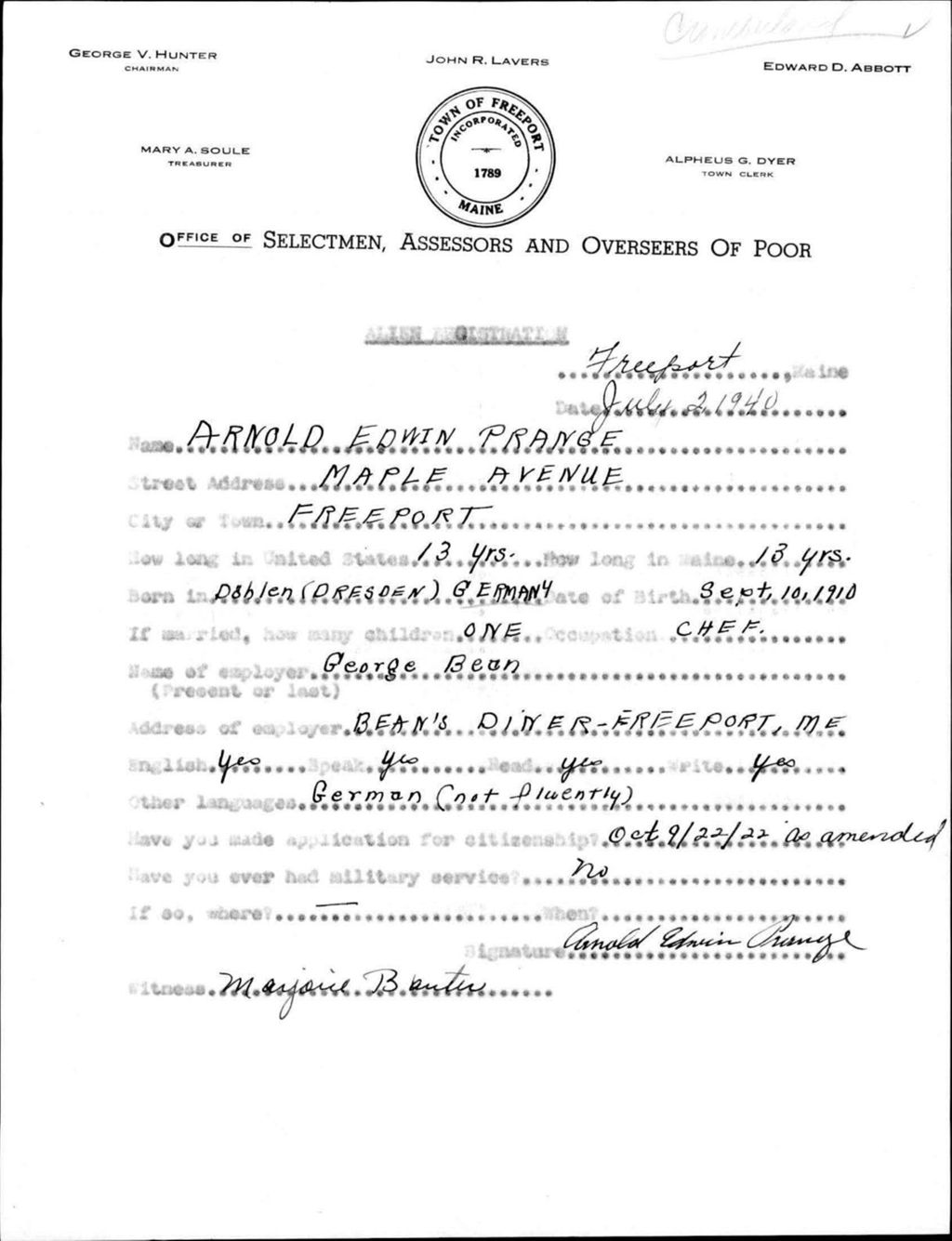Miniature of Alien Registration- Prange, Arnold E. (Baldwin, Cumberland County)