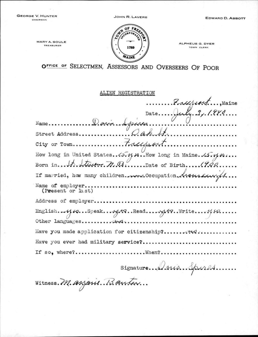 Miniature of Alien Registration- Spires, Doris (Baldwin, Cumberland County)