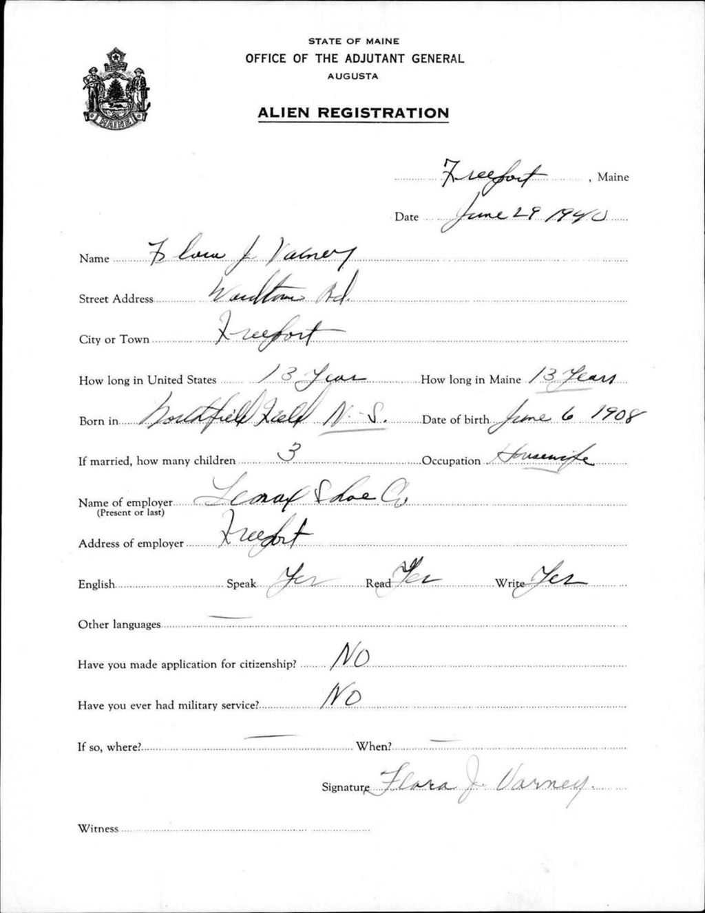 Miniature of Alien Registration- Varney, Flora J. (Baldwin, Cumberland County)