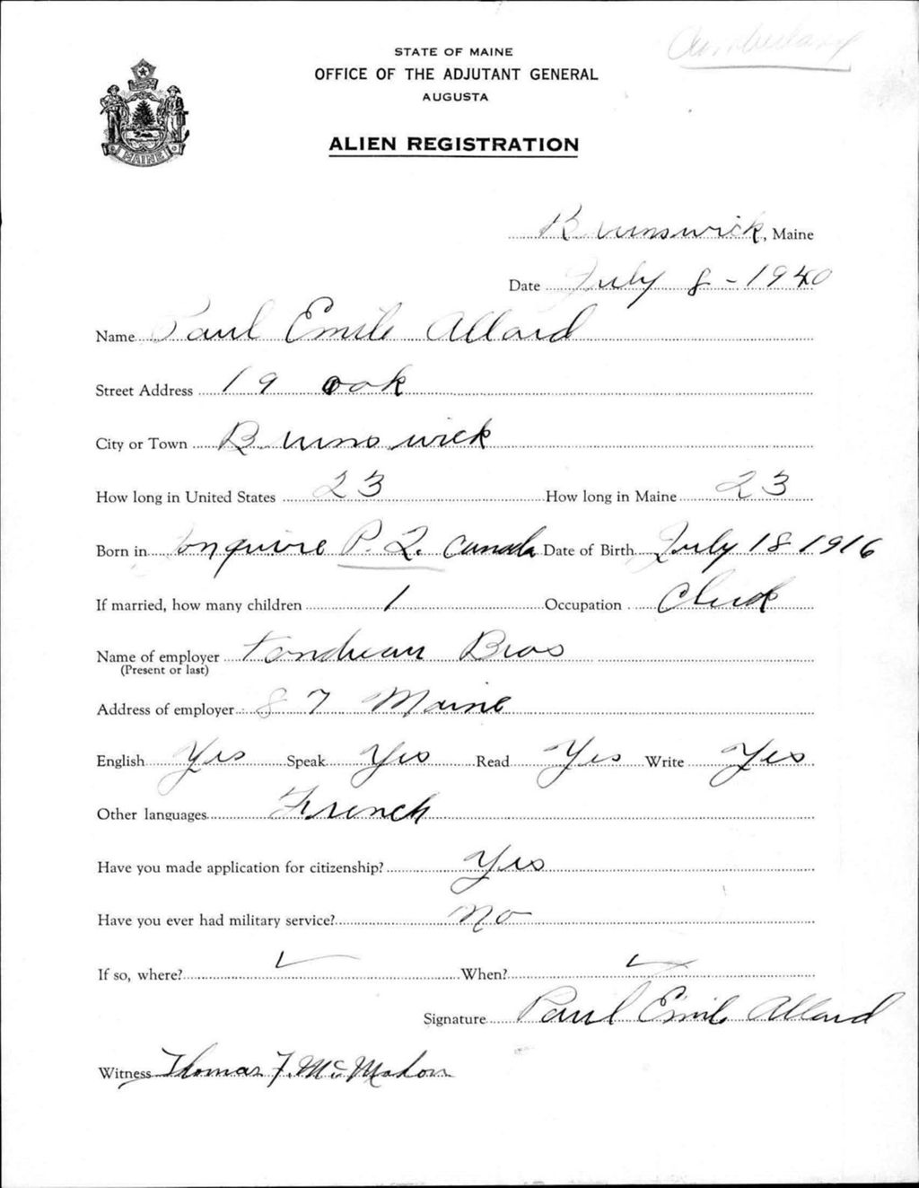 Miniature of Alien Registration- Allard, Paul E. (Brunswick, Cumberland County)