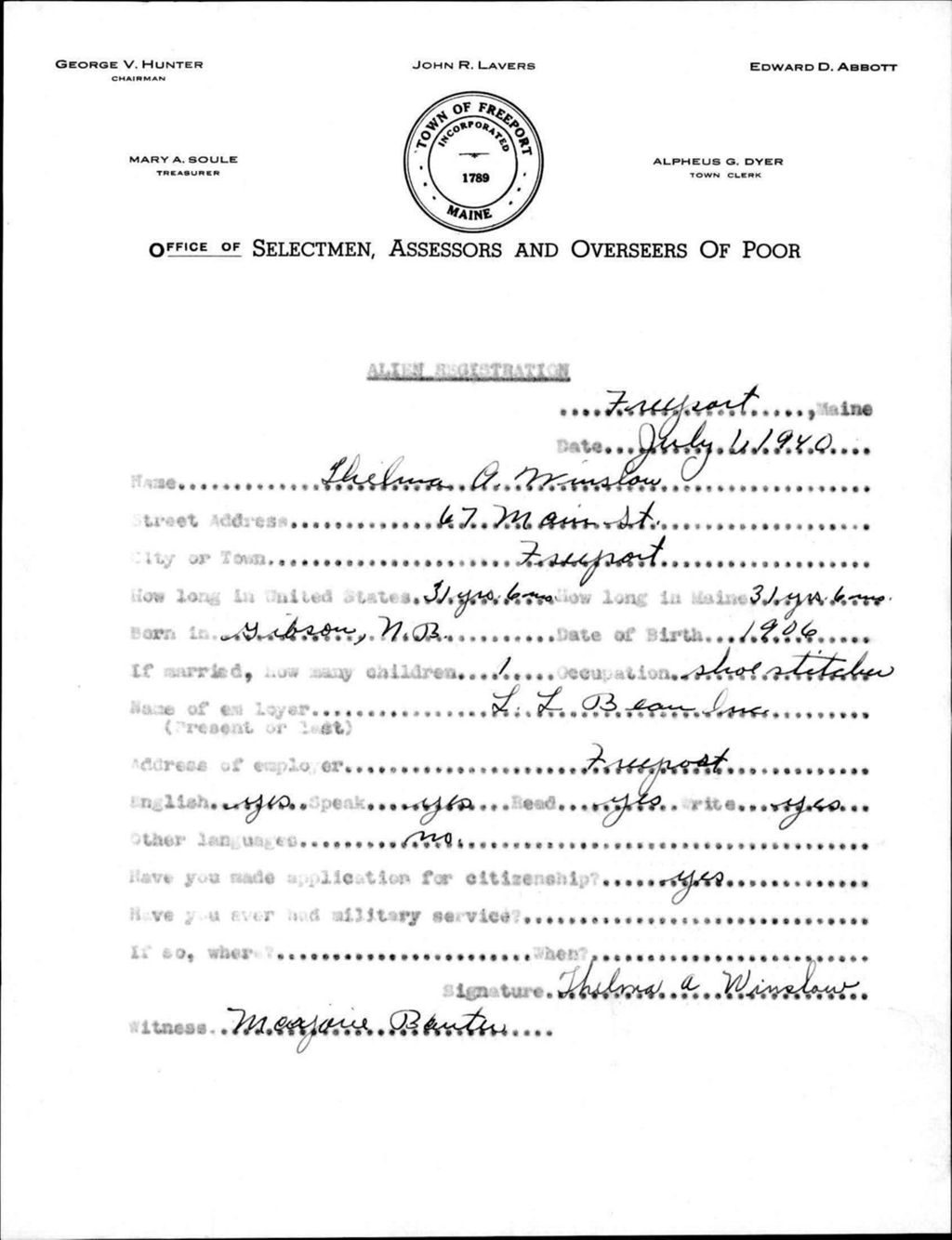 Miniature of Alien Registration- Winslow, Thelma O. (Baldwin, Cumberland County)