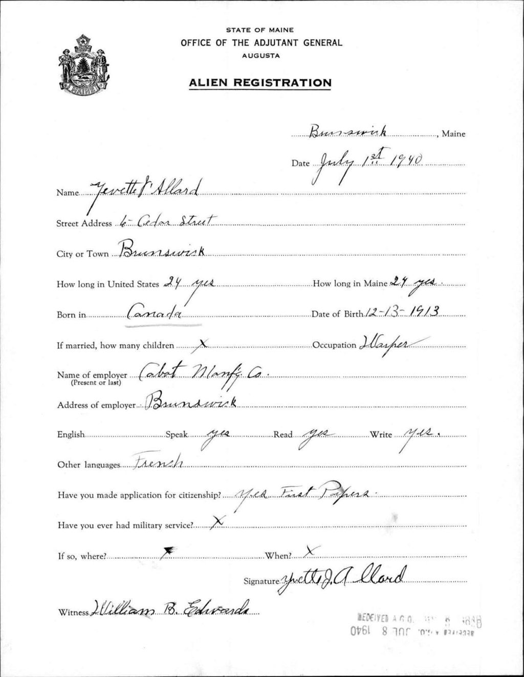 Miniature of Alien Registration- Allard, Yevette (Brunswick, Cumberland County)