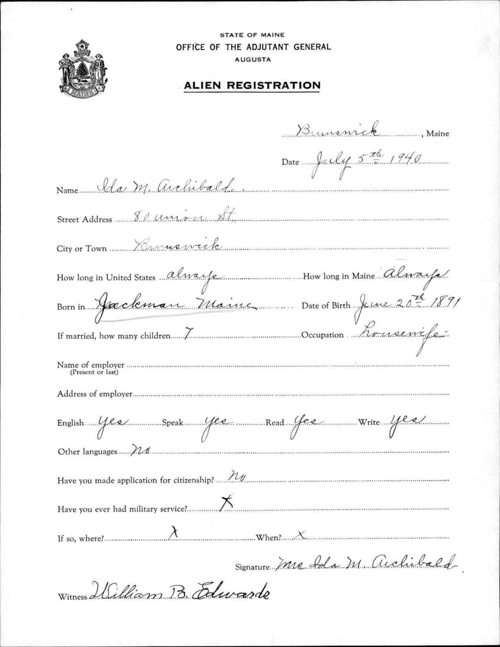 Miniature of Alien Registration- Archibald, Ida M. (Brunswick, Cumberland County)