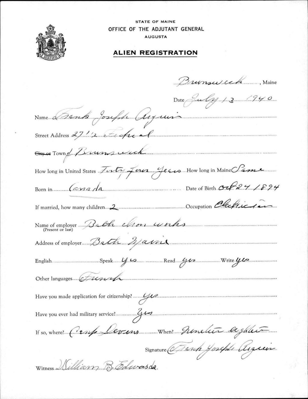 Miniature of Alien Registration- Arquin, Frank J. (Brunswick, Cumberland County)