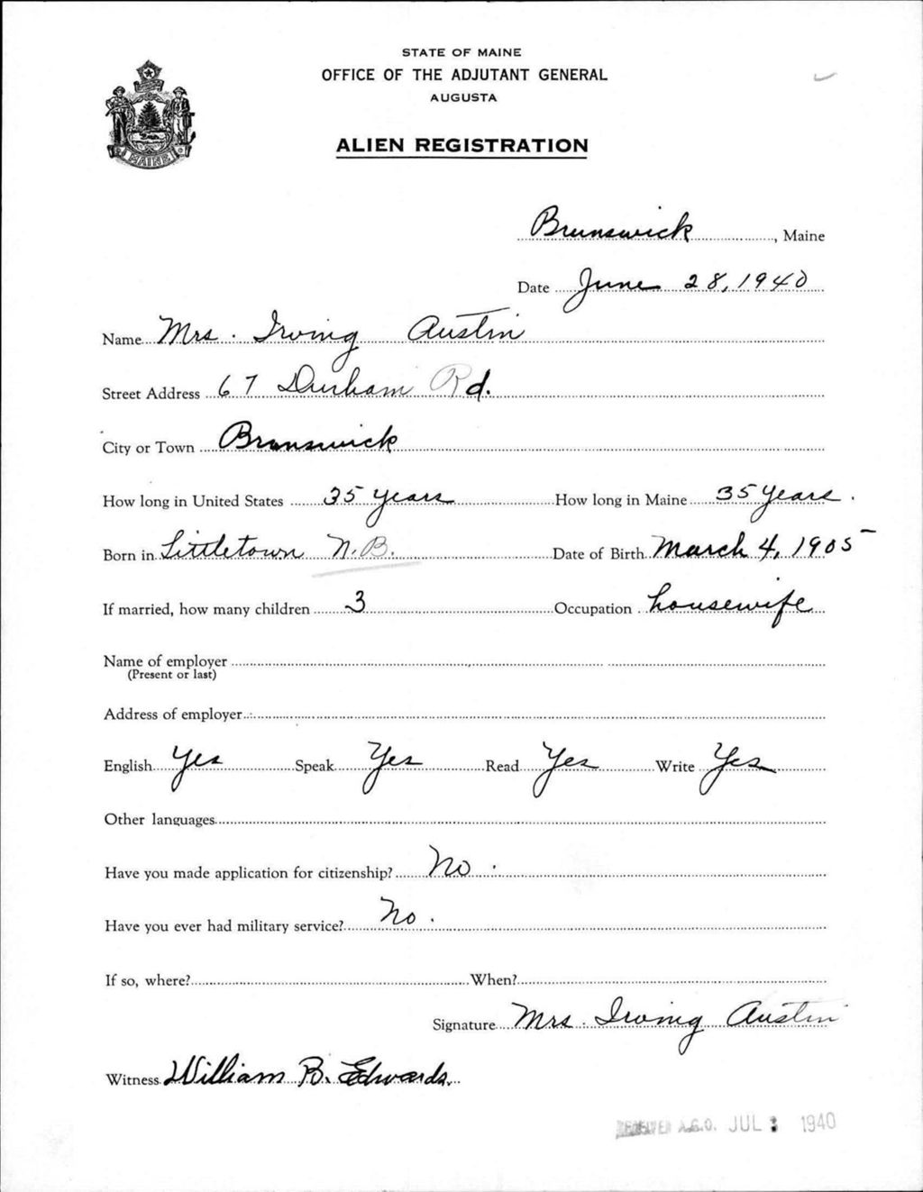 Miniature of Alien Registration- Austin, Irving (Brunswick, Cumberland County)
