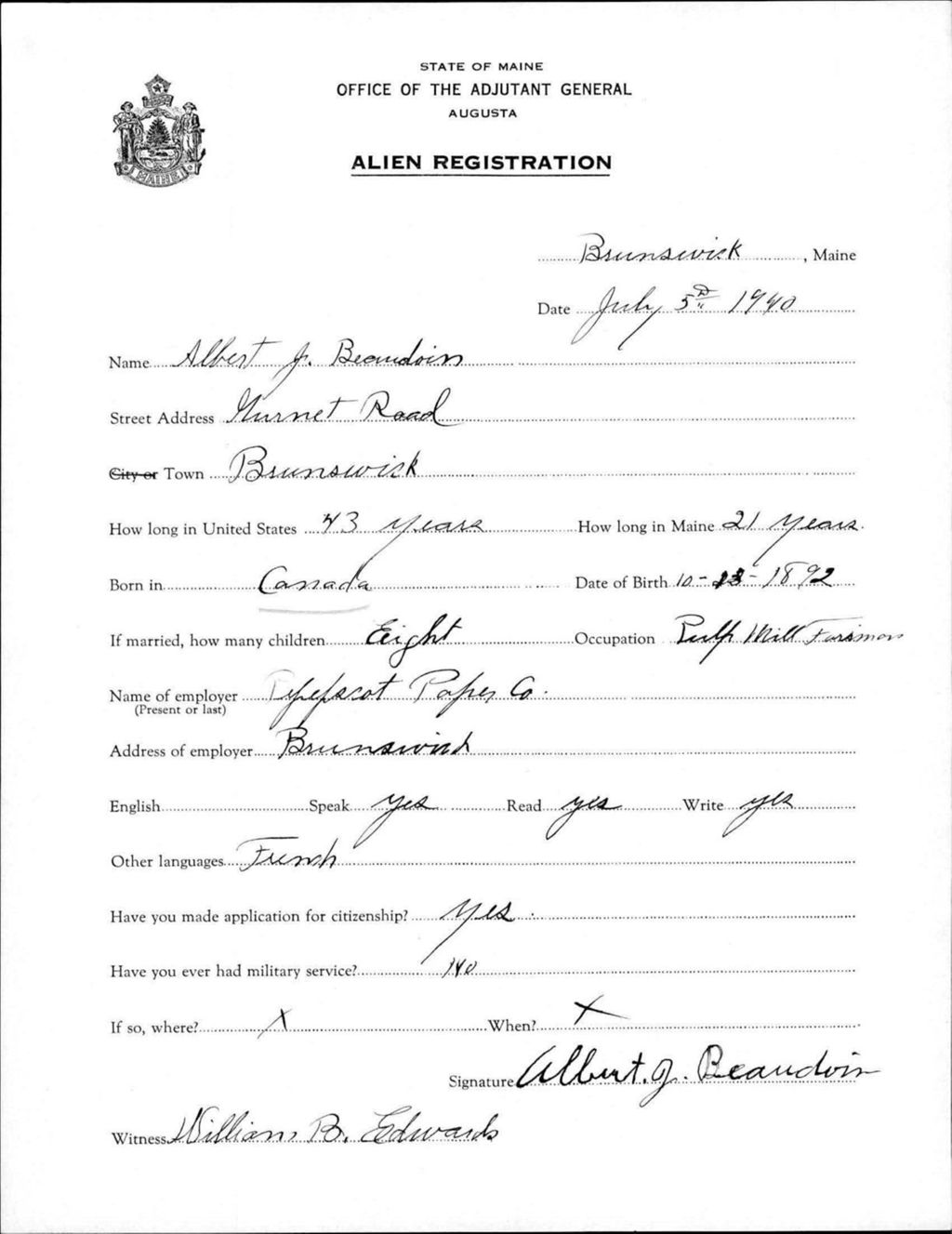 Miniature of Alien Registration- Beaudoin, Albert J. (Brunswick, Cumberland County)
