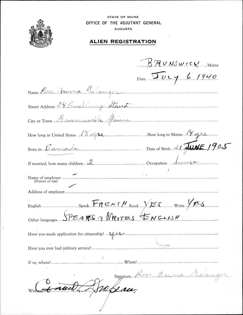 Miniature of Alien Registration- Belanger, Rose A. (Brunswick, Cumberland County)