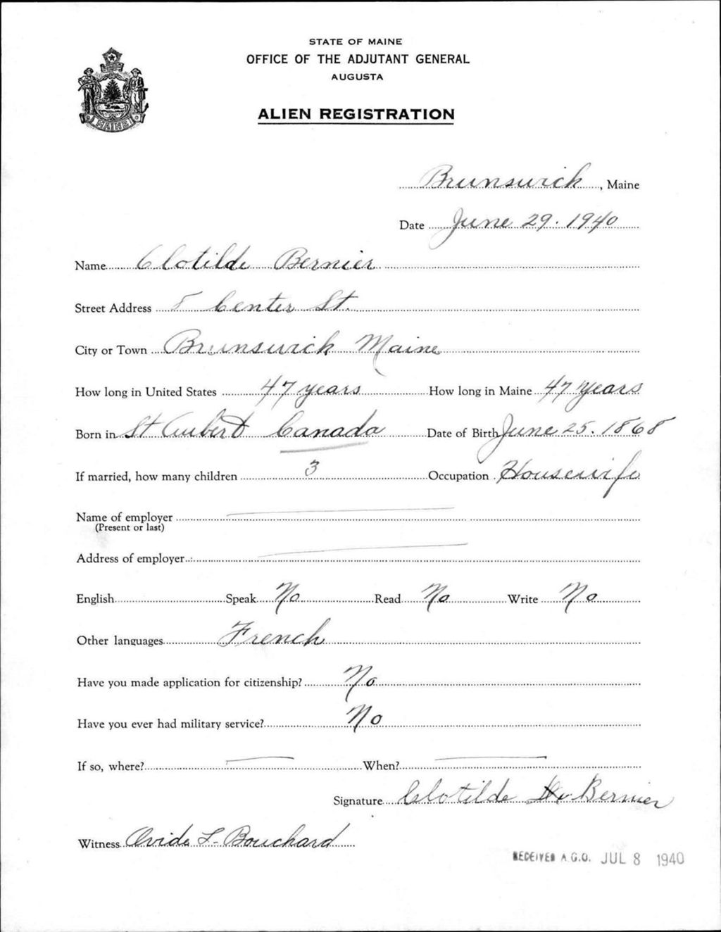 Miniature of Alien Registration- Bernier, Clotilde (Brunswick, Cumberland County)