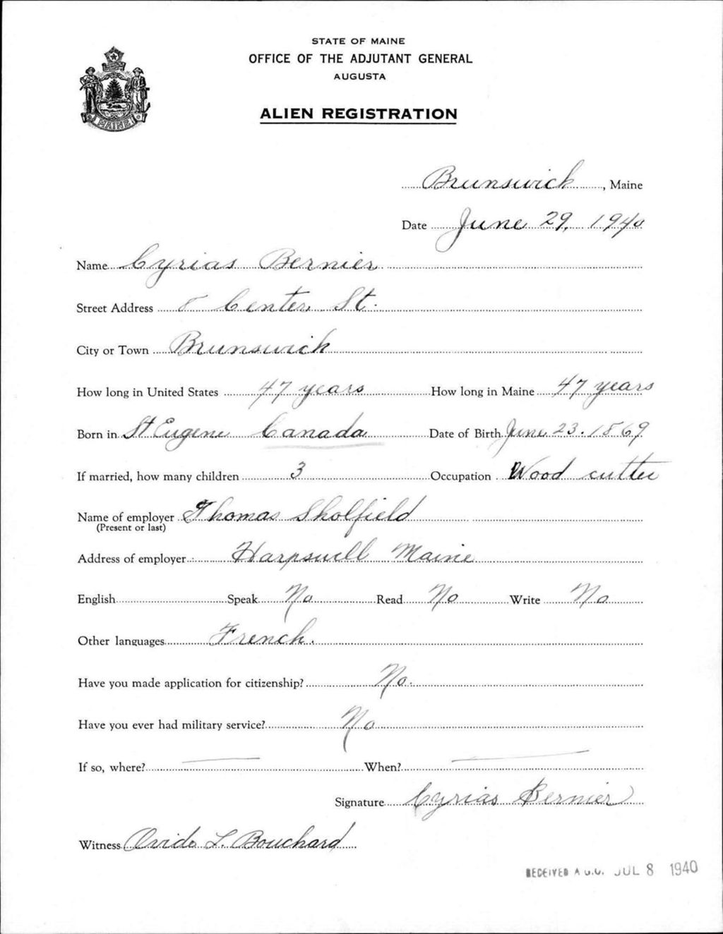 Miniature of Alien Registration- Bernier, Cyrias (Brunswick, Cumberland County)