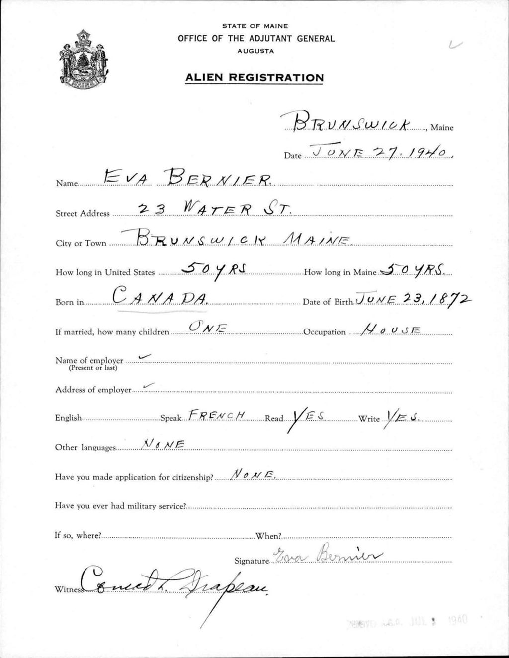 Miniature of Alien Registration- Bernier, Eva (Brunswick, Cumberland County)
