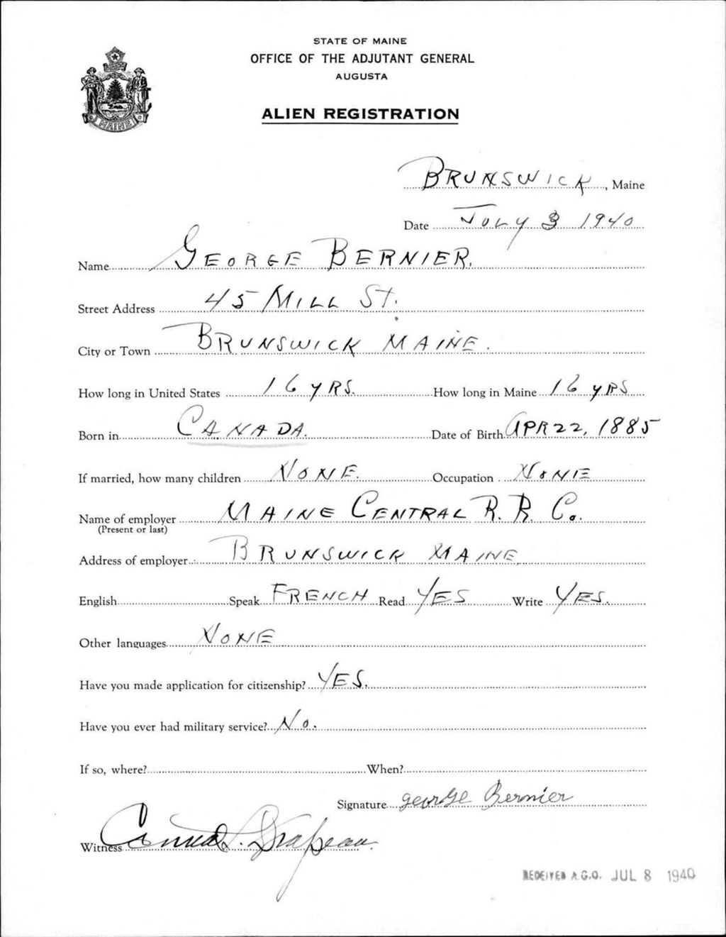 Miniature of Alien Registration- Bernier, George (Brunswick, Cumberland County)