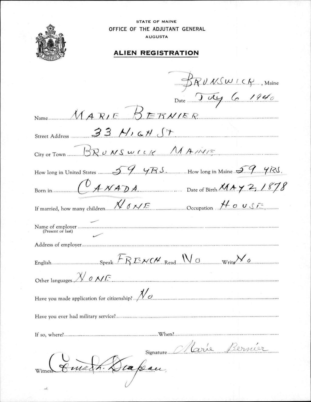 Miniature of Alien Registration- Bernier, Marie (Brunswick, Cumberland County)