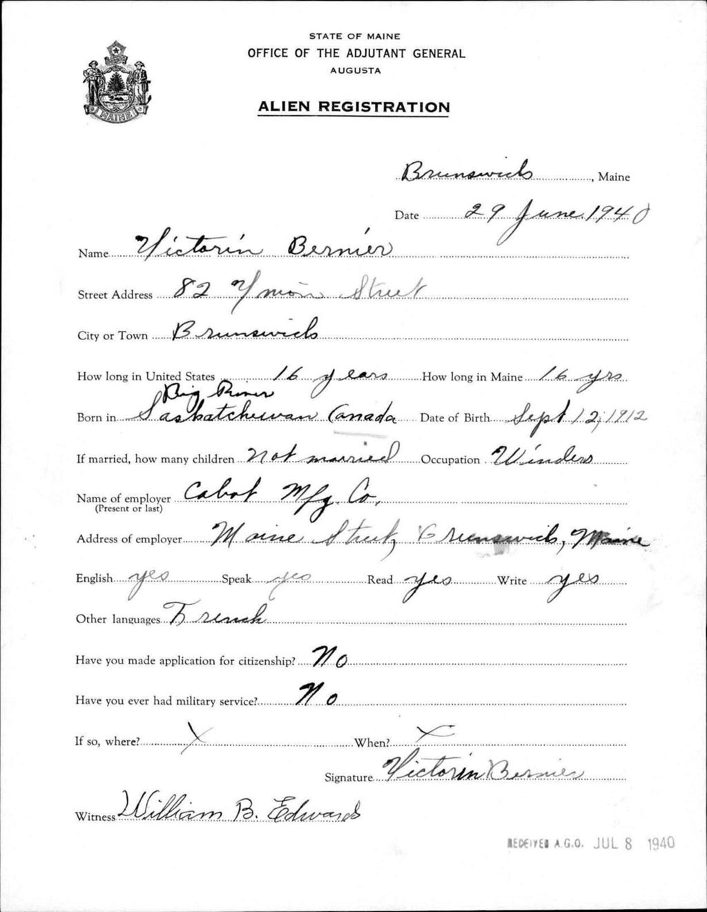 Miniature of Alien Registration- Bernier, Victoria (Brunswick, Cumberland County)