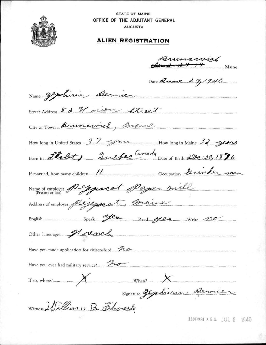 Miniature of Alien Registration- Bernier, Zepherin (Brunswick, Cumberland County)
