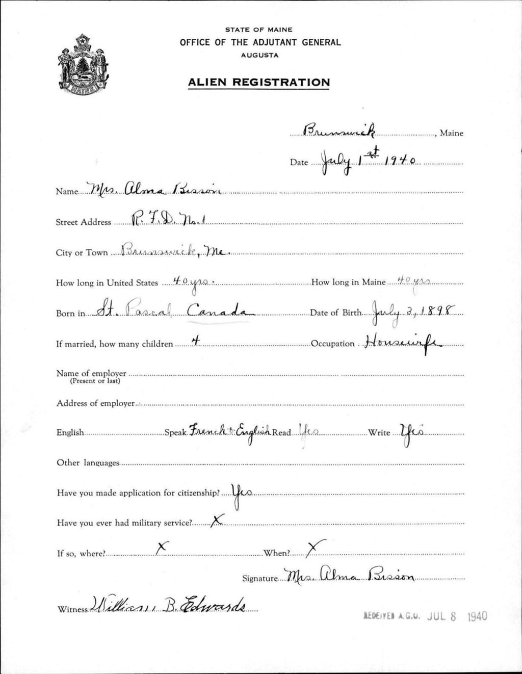 Miniature of Alien Registration- Bisson, Alma (Brunswick, Cumberland County)