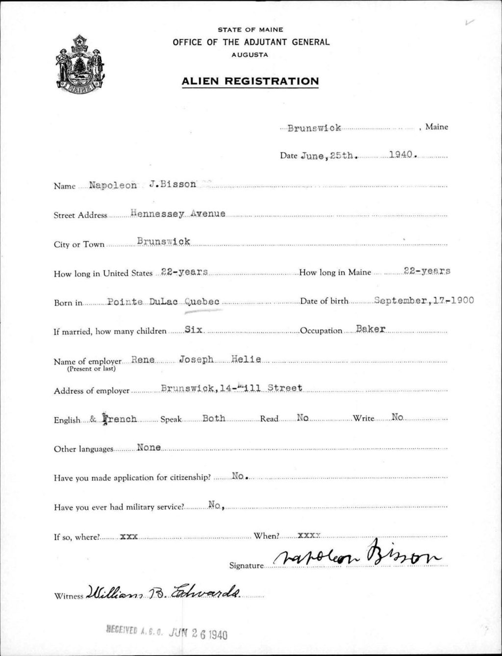 Miniature of Alien Registration- Bisson, Napoleon J. (Brunswick, Cumberland County)