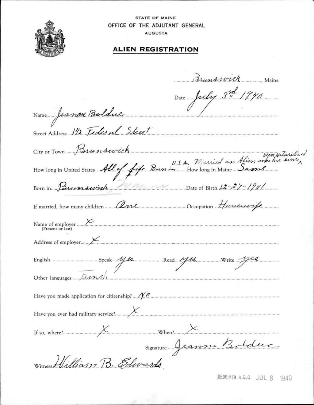 Miniature of Alien Registration- Bolduc, Jeanne (Brunswick, Cumberland County)