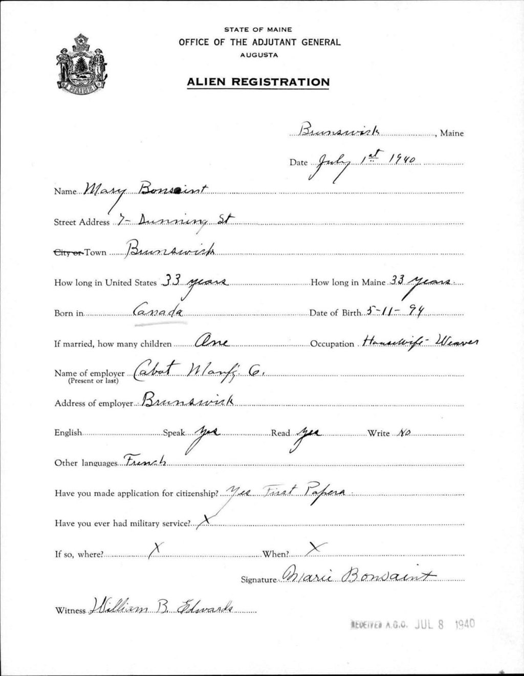 Miniature of Alien Registration- Bonsaint, Marie (Brunswick, Cumberland County)