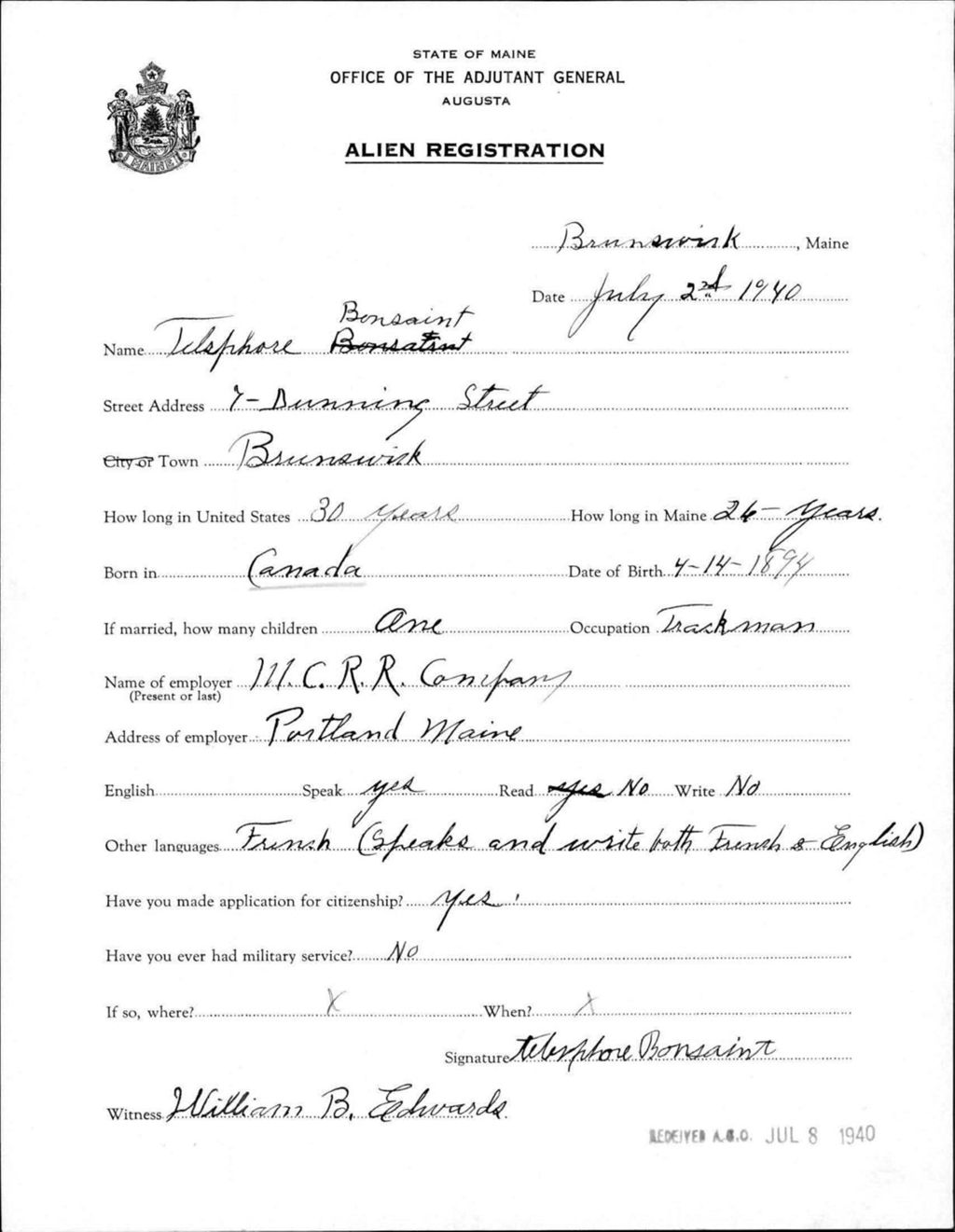 Miniature of Alien Registration- Bonsaint, Telsphore (Brunswick, Cumberland County)