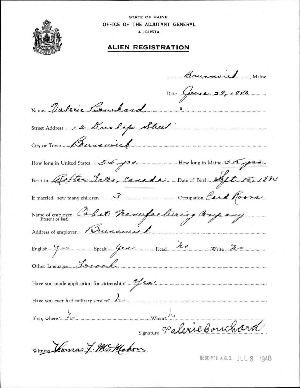 Miniature of Alien Registration- Bouchard, Valerie (Brunswick, Cumberland County)