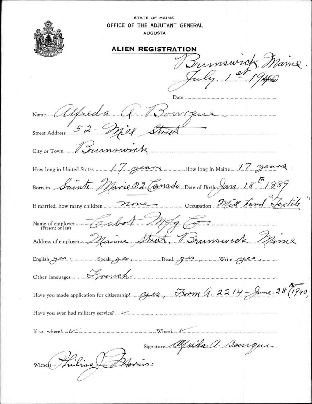 Miniature of Alien Registration- Bourque, Alfreda A. (Brunswick, Cumberland County)