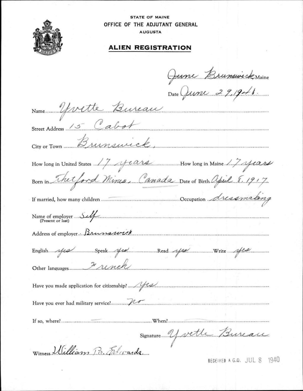 Miniature of Alien Registration- Bureau, Yvette (Brunswick, Cumberland County)