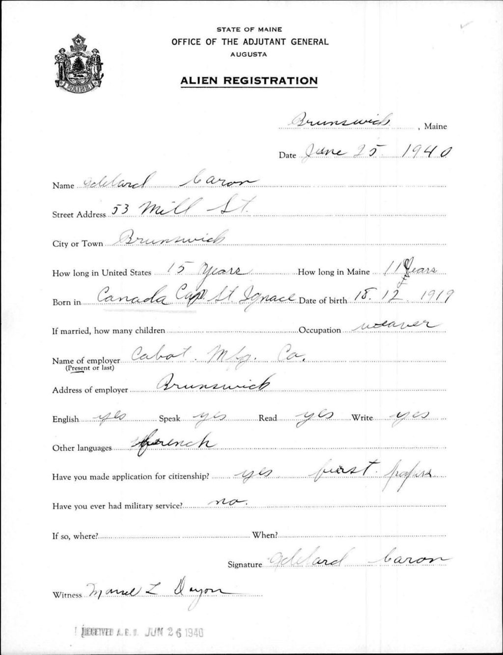 Miniature of Alien Registration- Caron, Adelard (Brunswick, Cumberland County)