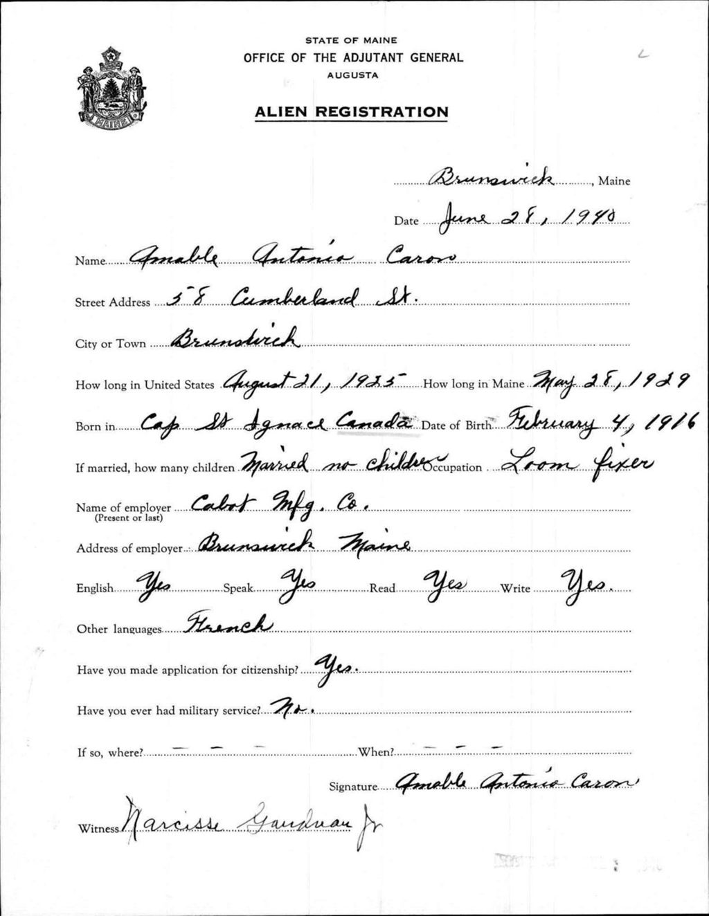 Miniature of Alien Registration- Caron, Annable A. (Brunswick, Cumberland County)