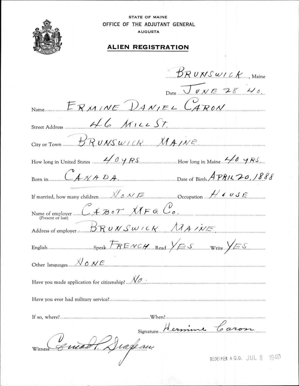 Miniature of Alien Registration- Caron, Ermine D. (Brunswick, Cumberland County)