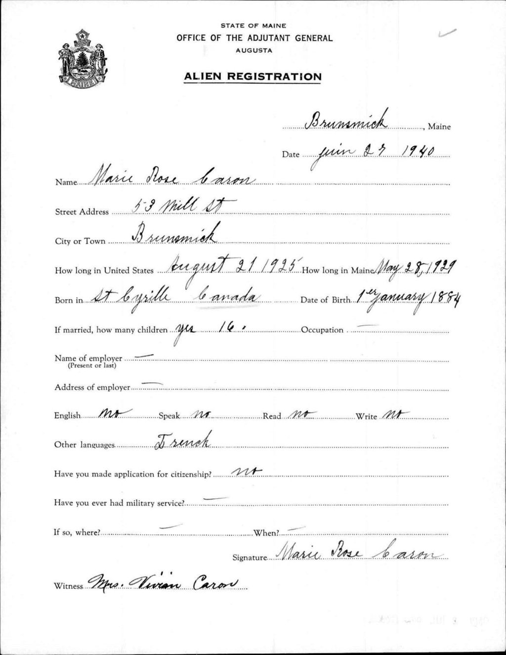 Miniature of Alien Registration- Caron, Marie R. (Brunswick, Cumberland County)