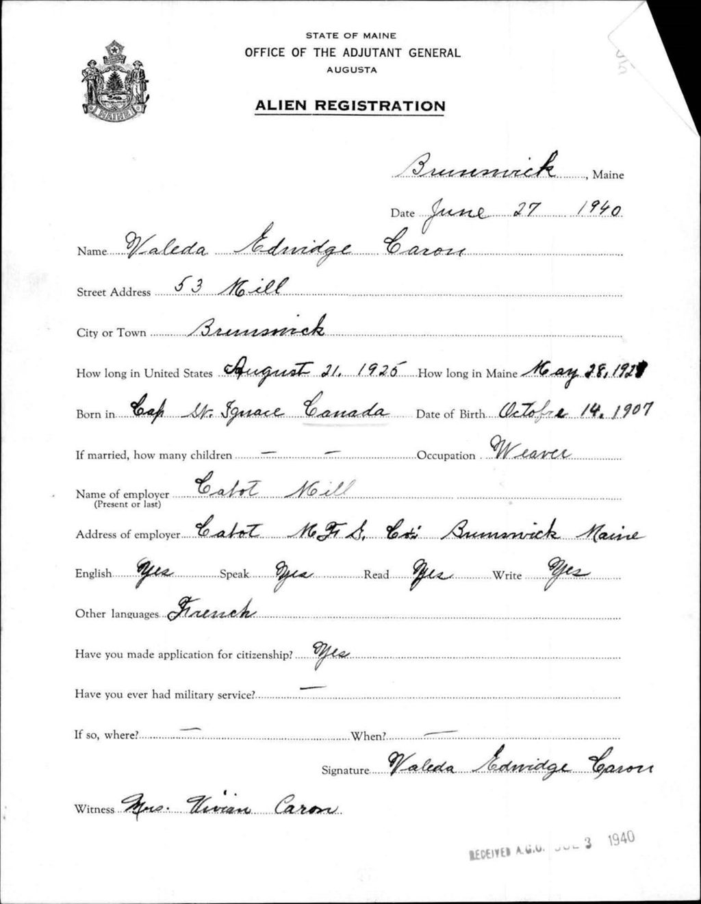 Miniature of Alien Registration- Caron, Valeda E. (Brunswick, Cumberland County)